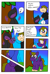 Size: 1463x2167 | Tagged: safe, artist:joltink, imported from derpibooru, oc, oc only, human, pegasus, pony, annoyed, comic, dialogue, do you want to build a snowman, human to pony, ipod, male, transformation, transformation sequence