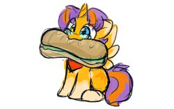 Size: 800x500 | Tagged: safe, artist:zutcha, imported from derpibooru, oc, oc only, alicorn, pony, coat markings, colored sketch, food, glasses, heterochromia, male, mouth hold, sandwich, sitting, sketch, smiling, socks (coat markings), solo, stallion, submarine sandwich