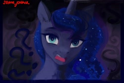 Size: 1875x1269 | Tagged: safe, artist:some_ponu, imported from twibooru, princess luna, alicorn, pony, bust, emanata, female, image, looking at you, mare, needs more jpeg, open mouth, painterly, passepartout, portrait, question mark, signature, solo