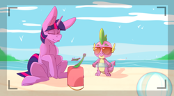 Size: 3600x2000 | Tagged: safe, artist:chapaevv, imported from derpibooru, spike, twilight sparkle, unicorn, beach, big ears, boat, bucket, duo, duo male and female, female, impossibly large ears, male, ocean, patreon, patreon reward, shovel, sunglasses, tongue out, unicorn twilight, water