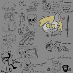 Size: 1020x1020 | Tagged: safe, artist:castafae, imported from derpibooru, derpy hooves, oc, oc:anon, oc:ardent glyph, oc:crystal lake, oc:faint rune, oc:mossy knoll, oc:postal mare, oc:radio, oc:sweet roll, oc:twain, dullahan, earth pony, mouse, pony, unicorn, beanie hat, crying, disembodied head, female, filly, foal, headless, horn, mare, monochrome, nervous, nun outfit, onesie, sketch, sketch dump, sword, weapon