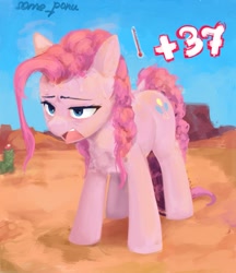 Size: 1057x1222 | Tagged: safe, artist:some_ponu, imported from twibooru, pinkie pie, earth pony, pony, celsius, desert, female, heatstroke, hot, image, mare, open mouth, overheating, painterly, signature, solo, sweat