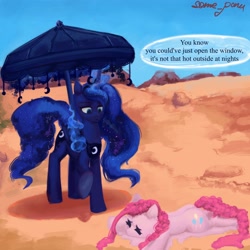 Size: 3000x3000 | Tagged: safe, alternate version, artist:some_ponu, imported from twibooru, pinkie pie, princess luna, alicorn, earth pony, pony, crown, desert, dialogue, dream, dream walker luna, duo, female, folded wings, hoof hold, horn, hot, image, jewelry, lidded eyes, looking at something, magic, mare, melting, needs more jpeg, painterly, parasol (umbrella), peytral, prone, regalia, signature, telekinesis, wings, x eyes