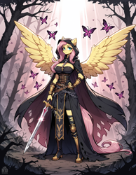 Size: 1664x2144 | Tagged: safe, imported from derpibooru, fluttershy, anthro, pegasus, ai content, ai generated, dark fantasy, prompter:neondash, solo, sword, weapon, wings