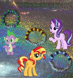 Size: 673x720 | Tagged: safe, artist:lnx1ynight16, imported from derpibooru, part of a set, spike, starlight glimmer, sunset shimmer, dragon, pony, unicorn, bracelet, horn, jewelry, kandi, looking at you, smiling