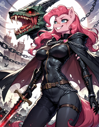 Size: 1664x2144 | Tagged: safe, imported from derpibooru, pinkie pie, anthro, dragon, earth pony, ai content, ai generated, dark fantasy, prompter:neondash, solo, sword, weapon