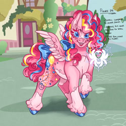 Size: 2048x2048 | Tagged: safe, artist:spideyivy, imported from twibooru, part of a set, pinkie pie, pegasus, pony, alternate cutie mark, alternate design, bow, colored hooves, colored wings, feathered fetlocks, female, hair bow, image, looking at you, mare, needs more jpeg, obtrusive watermark, pale belly, pegasus pinkie pie, race swap, redesign, screencap background, small wings, smiling at you, solo, tail bow, text, twitterina design, unshorn fetlocks, watermark, wings