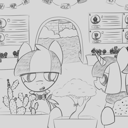 Size: 1020x1020 | Tagged: safe, artist:castafae, imported from derpibooru, oc, oc only, oc:reign, oc:rush, pegasus, pony, robot, robot pony, unicorn, bonsai, botanical garden, bowtie, cactus, duo, duo female, female, flower, garden, grayscale, horn, lidded eyes, mare, monochrome, siblings, sisters