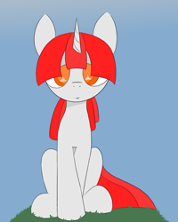 Size: 1107x1386 | Tagged: safe, artist:castafae, imported from derpibooru, oc, oc only, oc:reign, pony, robot, robot pony, unicorn, female, horn, mare, sitting, solo, wingding eyes