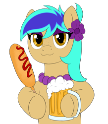 Size: 1823x2091 | Tagged: safe, artist:ligmire, derpibooru exclusive, imported from derpibooru, oc, oc only, oc:flowish, earth pony, pony, :3, alcohol, beer, beer mug, corn, corndog, drink, facial freckles, flower, flower in hair, food, freckles, jewelry, ketchup, meat, necklace, pearl necklace, sauce, sausage, smug, solo