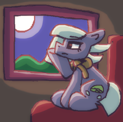 Size: 412x409 | Tagged: safe, artist:rosa ushiromiya, imported from derpibooru, limestone pie, earth pony, pony, clothes, female, hoof on cheek, mare, moon, scarf, scenery, sitting, window