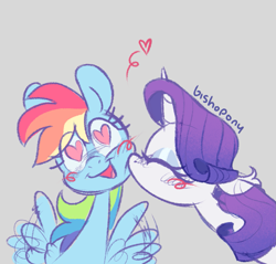 Size: 1345x1284 | Tagged: safe, artist:bishopony, imported from derpibooru, rainbow dash, rarity, pegasus, pony, unicorn, blue eyeshadow, blush scribble, blushing, bust, cheek kiss, cute, daaaaaaaaaaaw, dashabetes, duo, duo female, eye clipping through hair, eyelashes, eyes closed, eyeshadow, female, flapping wings, floating heart, gray background, heart, heart eyes, horn, kissing, lesbian, makeup, motion lines, open mouth, open smile, raridash, requested art, shipping, signature, simple background, sketch, smiling, spread wings, wingding eyes, wings