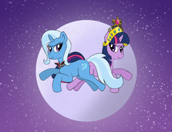 Size: 1974x1506 | Tagged: safe, artist:ligmire, imported from derpibooru, trixie, twilight sparkle, unicorn, alicorn amulet, angry, duo, duo female, element of magic, female, horn, moon, night, reference to another series, smug, sonic the hedgehog (series), stars, unicorn twilight