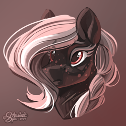 Size: 3000x3000 | Tagged: safe, artist:stardustspix, imported from derpibooru, oc, oc only, oc:ash illumine, earth pony, pony, braid, bust, colored eyebrows, colored eyelashes, eyebrows, eyebrows visible through hair, female, freckles, gradient background, high res, mare, portrait, scar, solo