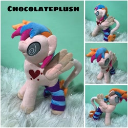 Size: 1600x1600 | Tagged: safe, artist:chocolateplush1, imported from derpibooru, oc, oc only, oc:cardia, pegasus, ambiguous gender, birthmark, blank flank, clothes, commission, dyed mane, hooves, leonine tail, multicolored hair, pegasus oc, photo, plushie, socks, spread wings, stockings, swirly eyes, tail, thigh highs, wings