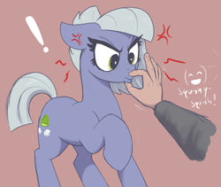 Size: 2250x1900 | Tagged: safe, artist:t72b, imported from derpibooru, limestone pie, oc, oc:anon, earth pony, human, pony, angry, danger, female, floppy ears, frown, limestone pie is not amused, lips, mare, oblivious, pinch, raised hoof, simple background, squishy, this will end in pain and/or death, unamused