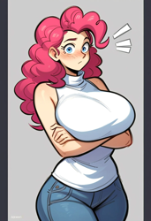 Size: 832x1216 | Tagged: safe, imported from derpibooru, pinkie pie, human, ai content, ai generated, bare shoulders, big breasts, blue eyes, blushing, breasts, busty pinkie pie, clothes, crossed arms, curly hair, denim, eyebrows, eyelashes, female, generator:pony diffusion v6 xl, generator:stable diffusion, gray background, huge breasts, humanized, jeans, looking at you, pants, pink hair, prompter:ilya efimov, simple background, sleeveless, sleeveless turtleneck, solo, standing, surprised, sweater, turtleneck