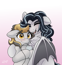 Size: 2913x3072 | Tagged: safe, artist:rivin177, imported from derpibooru, oc, oc only, bat pony, earth pony, pony, bat wings, chest fluff, commission, device, eyelashes, gradient background, holding, hug, markings, mp3 player, shy, wings