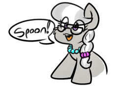 Size: 1293x899 | Tagged: safe, artist:zutcha, imported from derpibooru, silver spoon, earth pony, pony, cute, dialogue, eye clipping through hair, female, filly, foal, open mouth, open smile, simple background, smiling, solo, speech bubble, white background