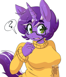 Size: 616x720 | Tagged: safe, artist:mukitsune, imported from derpibooru, oc, oc only, oc:vixen spell, anthro, unicorn, big breasts, big horn, breasts, bust, busty oc, clothes, eyebrows, eyelashes, female, female oc, green eyes, horn, looking at you, open mouth, portrait, question mark, short hair, simple background, solo, speech bubble, sweater, tail, turtleneck, two toned hair, two toned tail, unicorn horn, unicorn oc, white background