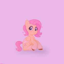 Size: 2480x2480 | Tagged: safe, artist:starburstuwu, imported from derpibooru, fluttershy, butterfly, pegasus, pony, alternate hairstyle, blushing, cute, female, fetlock tuft, gradient legs, high res, looking at you, mare, purple background, short mane, shyabetes, simple background, sitting, smiling, smiling at you, solo, unshorn fetlocks