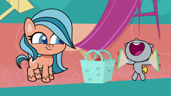 Size: 1280x720 | Tagged: safe, imported from derpibooru, pony, cute-pocalypse meow, my little pony: pony life, spoiler:pony life s01e03, baby, baby pony, basket, colt, duo, female, foal, male, mare, nose in the air, orange zest, picnic basket, unnamed character, unnamed pony