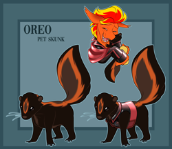 Size: 3121x2700 | Tagged: safe, artist:parrpitched, imported from derpibooru, oc, oc only, oc:fireheart(fire), oc:oreo the skunk, bat pony, skunk, alternate universe, bat pony oc, bat wings, clothes, cute, fireheart76's latex suit design, latex, pet, prisoners of the moon, reference sheet, vest, wings