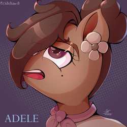 Size: 3805x3805 | Tagged: safe, artist:ch0c0sauri0, imported from derpibooru, oc, oc only, pony, abstract background, artfight, beauty mark, big eyes, bow, bust, colored, colored pinnae, colored pupils, dark skin, detailed, ears up, eyebrows, eyebrows visible through hair, eyelashes, eyeshadow, fanart, female, grayscale, hair bow, hat, highlights, lineart, long hair, long mane, looking at someone, looking back, looking up, makeup, mare, mole, monochrome, open mouth, open smile, original art, ponytail, portrait, shading, signature, smiling, solo