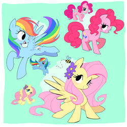 Size: 2500x2500 | Tagged: safe, artist:syrupyyy, imported from derpibooru, fluttershy, pinkie pie, rainbow dash, bee, earth pony, insect, pegasus, pony, blush sticker, blushing, cute, dashabetes, diapinkes, female, flower, flower in hair, flying, green background, mare, no iris, shyabetes, simple background, sitting, spread wings, trio, trio female, wings