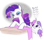 Size: 2199x1988 | Tagged: safe, artist:syrupyyy, imported from derpibooru, rarity, sweetie belle, pony, unicorn, belle sisters, duo, duo female, eyeshadow, female, filly, floppy ears, foal, horn, makeup, mare, siblings, sisters