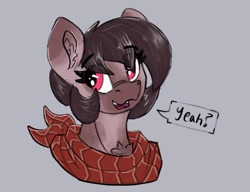 Size: 1110x853 | Tagged: safe, artist:reddthebat, imported from derpibooru, oc, oc only, oc:number nine, earth pony, pony, bandana, bust, chest fluff, ear fluff, eyebrows, eyebrows visible through hair, female, gray background, lidded eyes, mare, open mouth, open smile, simple background, smiling, solo