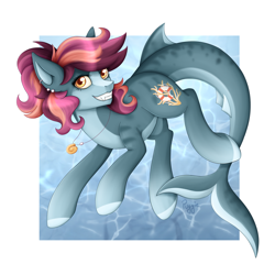 Size: 2048x2048 | Tagged: safe, artist:puggie, imported from derpibooru, oc, oc only, hybrid, merpony, original species, shark, shark pony, artfight, blue background, bubble, crepuscular rays, cute, digital art, dorsal fin, female, fin, fins, fish tail, flowing mane, flowing tail, happy, high res, jewelry, lidded eyes, looking at you, makeup, male, mare, necklace, ocean, orange eyes, pink mane, scales, seashell necklace, seaweed, shark tail, shark teeth, signature, simple background, smiling, smiling at you, solo, sparkles, sunlight, swimming, tail, underwater, water