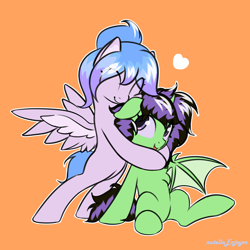 Size: 1500x1500 | Tagged: safe, artist:nutellaenjoyer, oc, oc only, oc:dolores, oc:meen-shei, alicorn, pegasus, alicorn oc, bat wings, duo, fur, horn, hug, pegasus oc, pegasus wings, wings