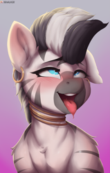 Size: 2215x3486 | Tagged: safe, artist:drawalaverr, imported from derpibooru, zecora, zebra, ahegao, blushing, bust, commission, drool, drool string, ear piercing, earring, fanart, female, gold, gradient background, jewelry, looking up, mare, neck rings, one ear down, open mouth, piercing, portrait, silly, silly face, solo, stripes, tongue out, ych result