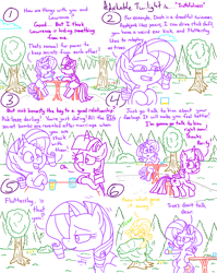 Size: 4779x6013 | Tagged: safe, artist:adorkabletwilightandfriends, imported from derpibooru, fluttershy, rarity, twilight sparkle, alicorn, pony, comic:adorkable twilight and friends, adorkable, adorkable twilight, advice, blushing, caught, clothes, comic, concerned, conversation, costume, cute, dork, drink, embarrassed, flower, fluttertree, forest, friendship, funny, happy, humor, nature, nervous, relief, sitting, slice of life, smiling, table, tree, twilight sparkle (alicorn)