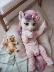 Size: 1016x1336 | Tagged: safe, imported from derpibooru, sweetie belle, pony, unicorn, abdl, ai content, ai generated, bed, bedroom, blanket, clothes, diaper, diaper under clothes, female, filly, foal, generator:pony realism 2.1, generator:stable diffusion, hooves, horn, lying down, on back, onesie, pajamas, plushie, prompter:cayuse, realistic, solo, solo female, tail, uncanny valley, wet diaper