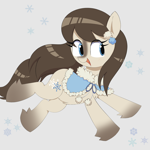 Size: 2000x2000 | Tagged: safe, artist:spoonie, oc, oc only, oc:frosty flakes, earth pony, pony, blaze (coat marking), clothes, female, mare, open mouth, smiling, snow, snowflake, snowpony, socks (coat markings), solo, yakutian horse