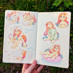 Size: 1279x1280 | Tagged: safe, artist:amishy, imported from derpibooru, oc, oc only, oc:sheron, human, pony, unicorn, arrow, clothes, coffee mug, colored pencil drawing, computer, dexterous hooves, emanata, female, frown, glasses, gradient mane, heart, heart eyes, hoof hold, horn, inner tube, irl, irl human, jacket, lying down, mare, mug, on back, open mouth, open smile, oversized clothes, phone, photo, plewds, pool toy, smiling, solo, sunglasses, text, traditional art, typing, water, wingding eyes