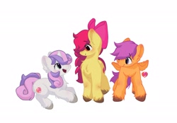 Size: 2048x1425 | Tagged: safe, alternate version, artist:haon_diy, imported from derpibooru, apple bloom, scootaloo, sweetie belle, earth pony, pegasus, pony, unicorn, blushing, cutie mark crusaders, female, filly, foal, horn, open mouth, simple background, smiling, spread wings, trio, trio female, unshorn fetlocks, white background, wings