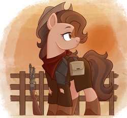 Size: 1876x1752 | Tagged: safe, artist:slushpony, imported from derpibooru, oc, oc only, oc:tarnished clutter, earth pony, fallout equestria, armor, bag, clothes, commission, cowboy hat, earth pony oc, female, fence, gun, hat, mare, melancholy, quadrupedal, shotgun, solo, solo female, standing, torn clothes, weapon