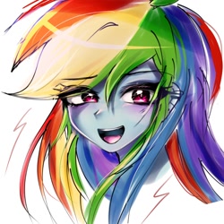 Size: 1280x1280 | Tagged: safe, artist:pulse, imported from derpibooru, rainbow dash, human, equestria girls, bust, doodle, ear piercing, eye clipping through hair, eyebrows, eyebrows visible through hair, female, looking at you, open mouth, piercing, simple background, smiling, solo, white background