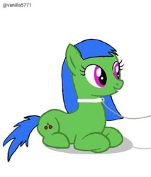 Size: 473x555 | Tagged: safe, artist:vanilla5751, blue mane, cherry cutie mark, collar, female, g4, green coat, leash, mare, pink eyes, simple background, solo, white background, white collar