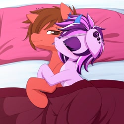 Size: 1600x1600 | Tagged: safe, artist:an-m, oc, oc only, pony, bed, cuddling, female, male, mare, stallion