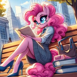 Size: 1024x1024 | Tagged: safe, imported from derpibooru, pinkie pie, anthro, ai content, ai generated, bench, book, city, clothes, generator:dall-e 3, glasses, high heels, legs, necktie, office lady, prompter:glimmy-glam, purse, raised leg, reading, reading glasses, schrödinger's pantsu, shoes, sitting, skirt, solo, stiletto heels, tree, vest