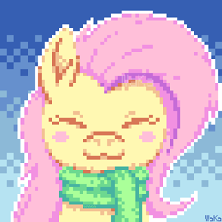 Size: 320x320 | Tagged: safe, artist:elwakaz, imported from derpibooru, fluttershy, pegasus, pony, :3, blush sticker, blushing, bust, clothes, cute, daaaaaaaaaaaw, digital art, eyes closed, female, front view, gradient background, green scarf, lightly watermarked, loose hair, mare, outline, pink mane, pixel art, scarf, shading, shyabetes, smiling, solo, watermark, white outline, yellow coat