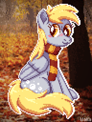 Size: 480x640 | Tagged: safe, artist:elwakaz, imported from derpibooru, derpy hooves, pegasus, pony, :3, autumn, blush lines, blushing, cel shading, clothes, cute, derp, derpabetes, digital art, female, forest, full body, gray coat, highlights, leaf, leaves, lightly watermarked, looking to the right, mare, nature, outdoors, outline, pixel art, pixelated, real life background, scarf, shading, sitting, smiling, solo, striped scarf, tree, watermark, white outline, yellow mane