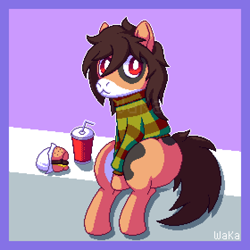 Size: 840x840 | Tagged: safe, artist:elwakaz, imported from derpibooru, pony, semi-anthro, :<, border, brown mane, burger, clothes, digital art, food, passepartout, pixel art, red eyes, shirt, sitting, soda, solo, white pupils