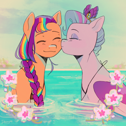 Size: 3500x3500 | Tagged: safe, artist:daisy_marshmallow, imported from derpibooru, queen haven, sunny starscout, pegasus, pony, braid, cheek kiss, clothes, crown, duo, duo female, female, flower, g5, hibiscus, jewelry, kissing, lesbian, mane stripe sunny, regalia, shipping, smiling, sunnyhaven, swimming pool, swimsuit, water