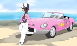 Size: 7906x4754 | Tagged: safe, artist:mairiathus, imported from derpibooru, anthro, changeling, breasts, car, clothes, high heels, jaguar e type, ocean, red changeling, shoes, sky, solo, water