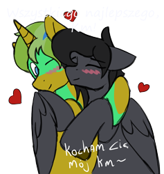 Size: 1136x1200 | Tagged: safe, artist:eklipsethepony, imported from derpibooru, oc, oc only, oc:eklipse, oc:hard sprocket, pegasus, pony, unicorn, blushing, duo, duo male, gay, heart, horn, hug, male, pegasus oc, polish, simple background, transparent background, unicorn oc, wings